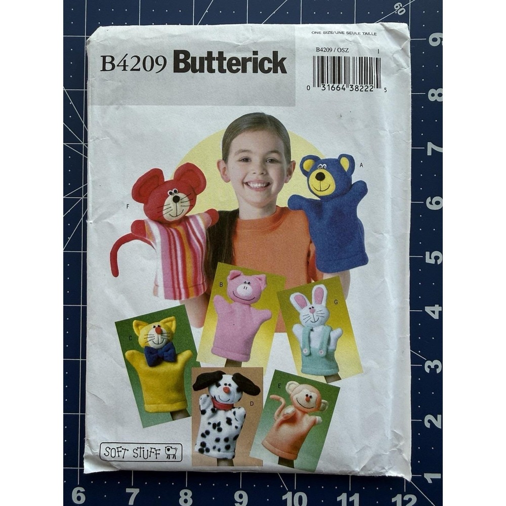 Butterick Pattern B4209 HAND PUPPETS mouse bear pig bunny cat dog monkey‎